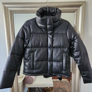 A&F Vegan Leather Mini Black Puffer Jacket